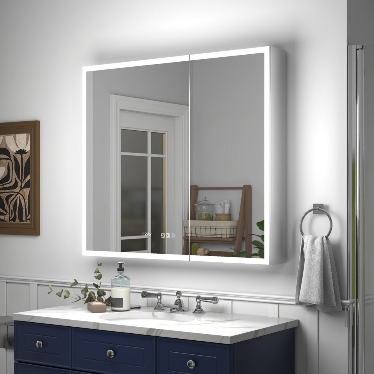 Rim 36"X32" Led Lighted Medicine Cabinet Recessed Mirror With Clock And Usb Ports